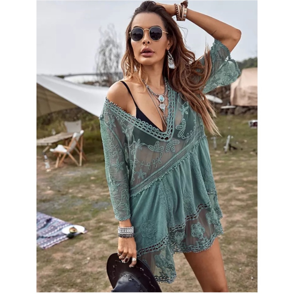 New Bohemian V Neck Crochet Mesh Dress - Picture 2 of 5